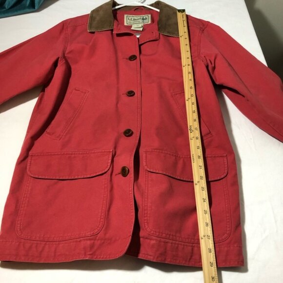 LL Bean womens red canvas chore jacket barn coat sz M corduroy collar cuffs - Picture 6 of 12